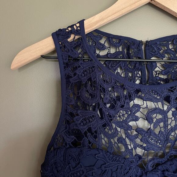 Lulus Romantic Tale Navy Blue Lace Mini Skater Dress Size Medium Open Back Sexy - Picture 5 of 16